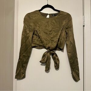 Zara Olive Green Satin Tie Front Bow Cropped blouse size XS